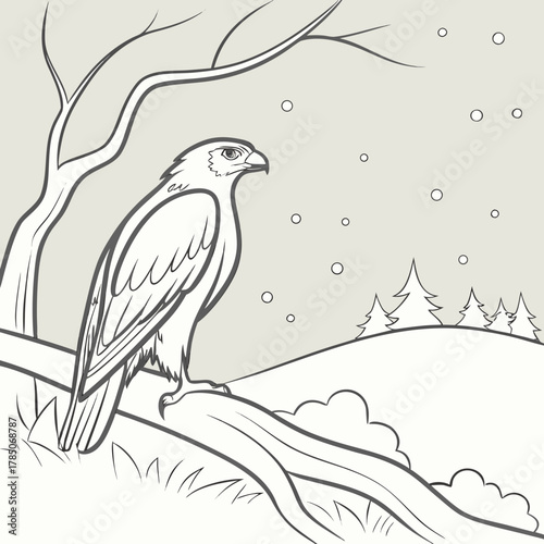 Majestic hawk perched on a branch in a snowy winter scene bird raptor