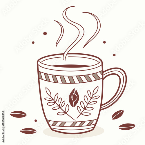 Steaming coffee mug with decorative pattern and coffee beans hot drink beverage