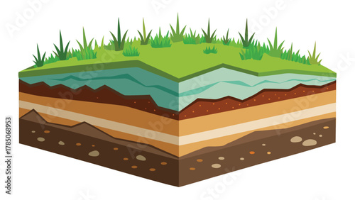 Soil Layers and Ground Cross Section with Grass, Topsoil, Subsoil, and Rock Foundation Vector Illustration, Earth Structure Diagram for Landscape, Geology, and Environmental Design