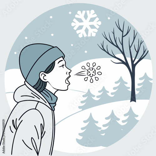 Person exhaling breath in a snowy winter landscape with trees cold exhale