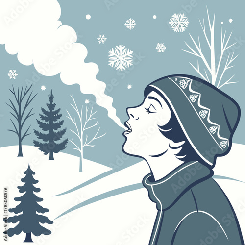 Woman Exhaling Steam in a Snowy Winter Landscape Keywords: woman, exhaling, steam, breath