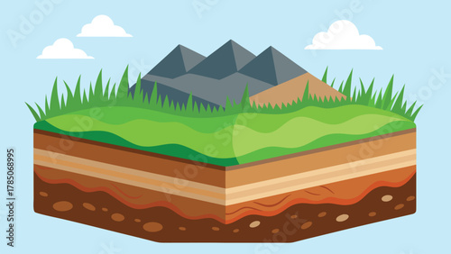 Soil Layers and Ground Cross Section with Grass, Topsoil, Subsoil, and Rock Foundation Vector Illustration, Earth Structure Diagram for Landscape, Geology, and Environmental Design