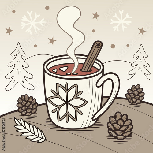 Hot Drink in Mug with Cinnamon Stick and Winter Scene illustration