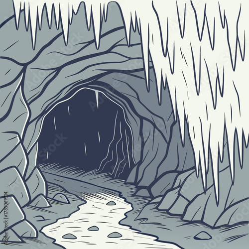 Dark Cave Entrance With Icicles And Underground Stream vector illustration