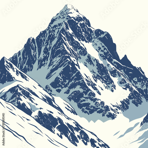 Majestic snow-capped mountain peak with blue shadows winter