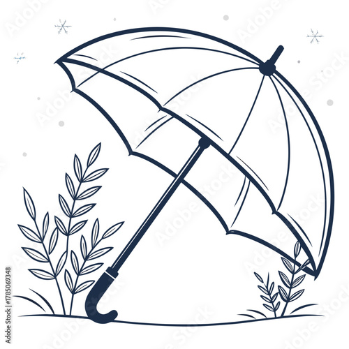 Open Umbrella with Plants and Falling Snowflakes Illustration winter rain