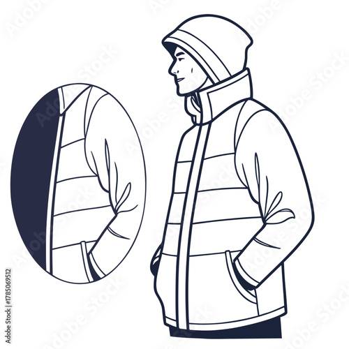 Man in Puffer Jacket with Close-up of Pocket Detail person male