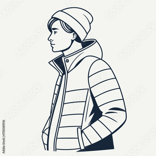 Profile of a Young Person in a Puffer Jacket and Beanie male side view