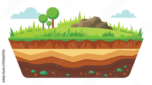 Soil Layers and Ground Cross Section with Grass, Topsoil, Subsoil, and Rock Foundation Vector Illustration, Earth Structure Diagram for Landscape, Geology, and Environmental Design
