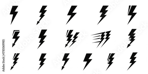 Lightning bolt icon. Flash symbol, thunderbolt, blitz lightnings strike sign. Electric energy black silhouettes, power concept. Vector isolated dynamic sports logo set