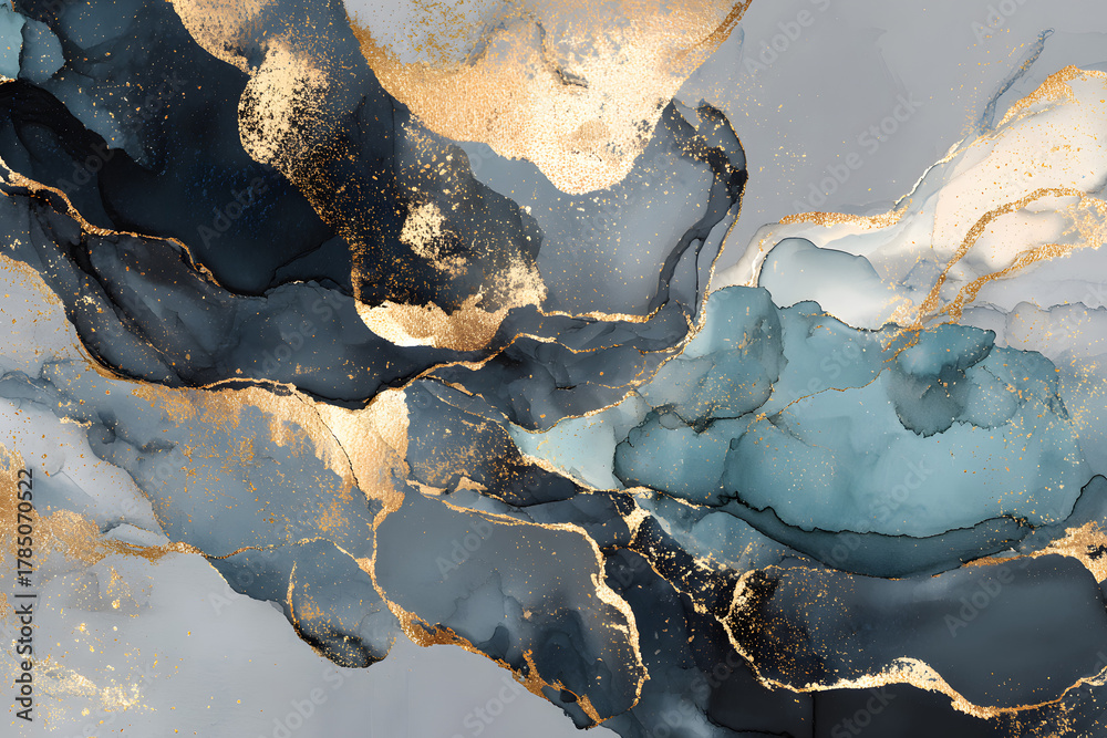 Fototapeta premium Abstract art featuring gold, pink, and blue flowing patterns creates a modern visual experience for any space