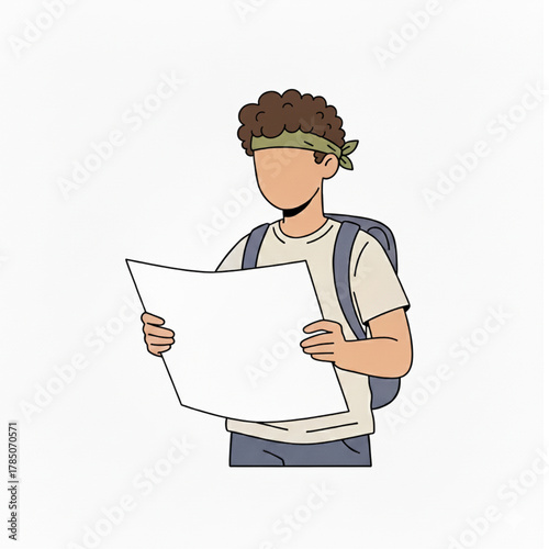 The curly-haired traveler pauses on his trek, concentrating on a folded map for the right direction