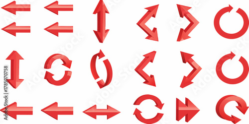 Collection of various red 3d arrows indicating direction and rotation on a white background