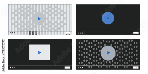 Four distinct digital video player interfaces with play buttons and playback controls displayed