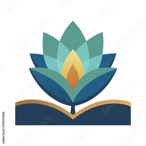 Stylized lotus flower emerging from an open book