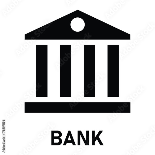 Flat business icon of a bank building, filled black, isolated on white