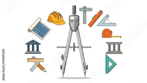 Collection of architectural and engineering tools and blueprints for planning and design