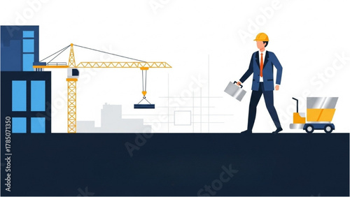 Construction industry concept with an engineer overseeing a building site and tower crane