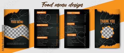 Restaurant Menu Design: A sleek and modern restaurant menu, elegantly designed with a blend of vibrant colors and layouts, meticulously crafted to showcase culinary delights. 