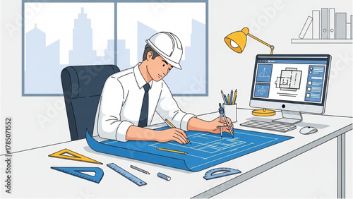 Architect Working on Blueprint Professional Drafting and Design on Computer