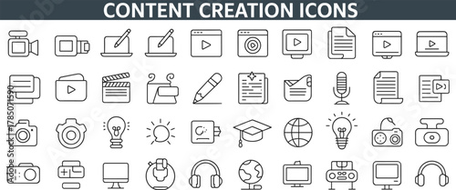content, creation, icons, video, camera, microphone, writing, editing, play, document, headphones, monitor, tablet, laptop, globe, game, checklist, education, minimal, black