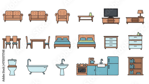 A collection of colorful pixel art icons depicting various home furniture and interior objects
