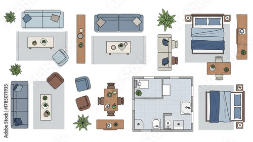 Top-Down View of Illustrated Furniture Arrangements for Interior Design Concepts