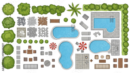 Top-down view of swimming pools, landscaping elements, and outdoor furniture