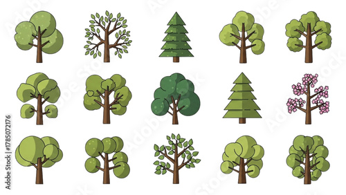 Collection of stylized trees in various shapes and sizes for design