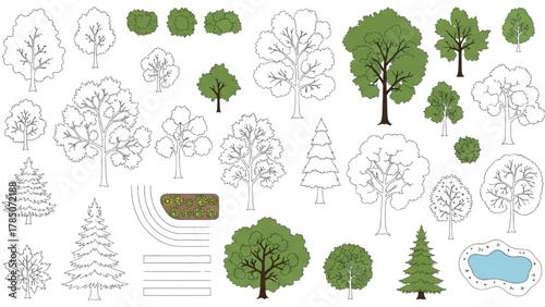 Comprehensive Vector Collection of Diverse Trees, Bushes, and Landscape Elements for Architectural and Nature-Themed Designs