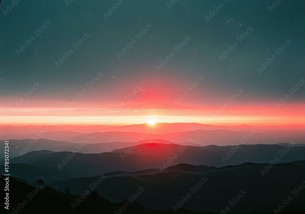 Fototapeta premium Stunning sunset over rolling mountain range, perfect for travel blog or wellness retreat, vibrant colors create peaceful nature scene, landscape photography