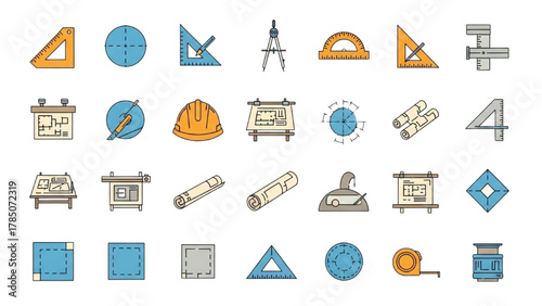 Set of colorful line icons for architecture, engineering, and construction projects