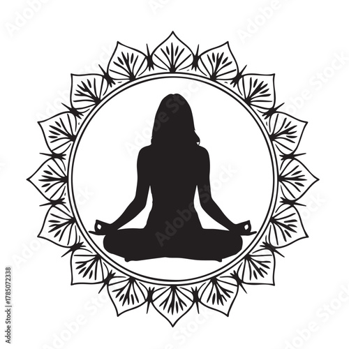 Silhouette of a woman in lotus position meditating inside a mandala, , symbolizing peace, harmony, and spiritual growth