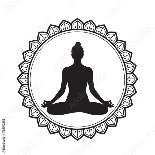 Silhouette of a woman in lotus position, meditating within a circular mandala, symbolizing inner peace, balance, and spiritual growth