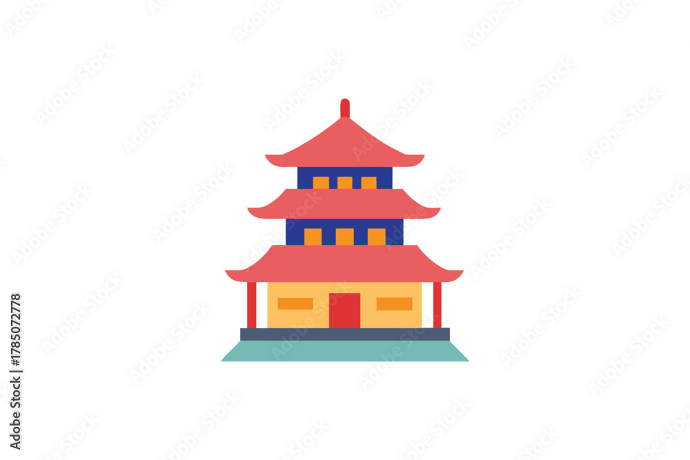 Fototapeta premium Colorful Asian Pagoda Temple Icon Traditional Oriental Architecture Flat Design Illustration