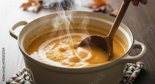 Creamy pumpkin soup swirled with cream, stirred with a ladle. Perfect for Thanksgiving, autumnal warmth, cozy comfort food, and fall menus, seasonal eating.