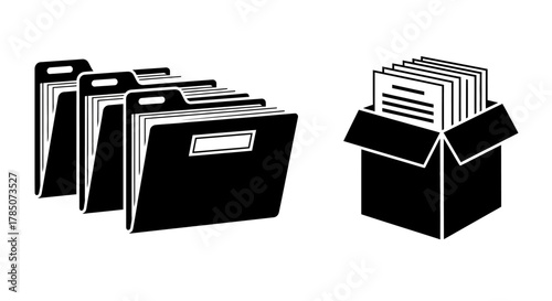folders neatly arranged beside an open box containing stacked papers, vector illustration Isolated on white background