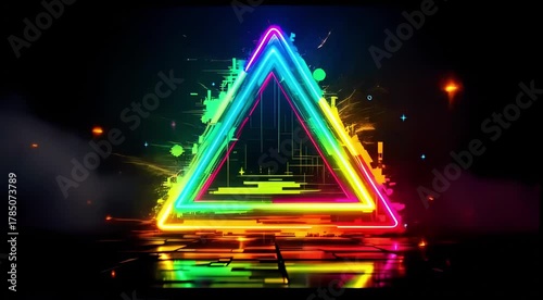 A neon triangle pulsating erratically, glitching between different color spectrums while emitting sparks of static  