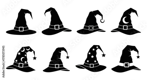 eight different styles of witch hats with various symbols and designs, vector illustration Isolated on white background