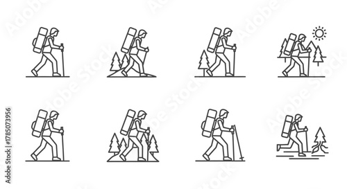 a group of hikers journeying through various terrains under different conditions, vector illustration Isolated on white background