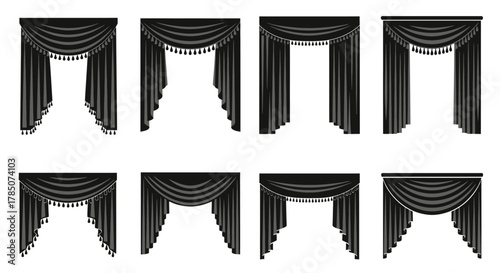 various styles of elegant black curtains displayed in grid formation, vector illustration Isolated on white background