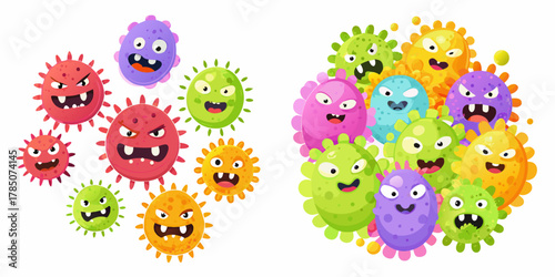 A collection of colorful cartoon viruses with funny faces and different expressions on a white background