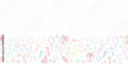 Colorful hand drawn party elements border on white background celebration and fun design
