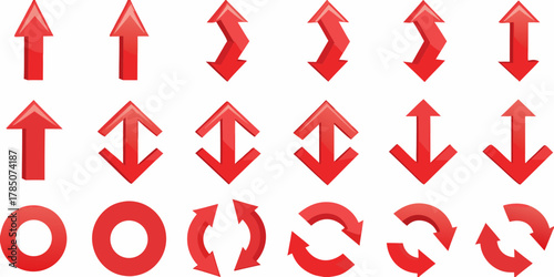 Collection of red 3d arrows and circles showing direction and movement