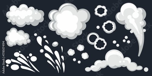 Collection of stylized cartoon smoke and steam effects for animation and design