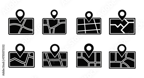 map icons arranged neatly in two rows showing various geographical features, vector illustration Isolated on white background