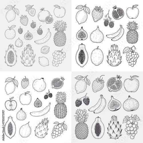 Seamless fruit pattern vector icons with apples strawberries cherries bananas pineapples lemons pears oranges grapes mangoes plums fresh healthy design