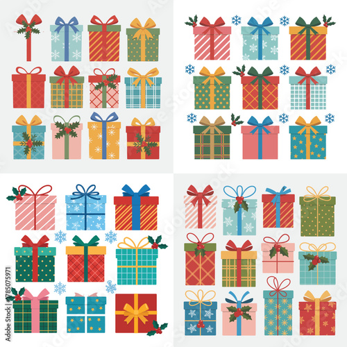 Christmas gift boxes and presents vector illustration with ribbons bows and holiday decorations seamless pattern