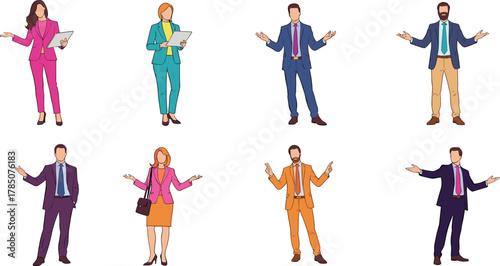 Business people presenting shrugging confused gestures professional men women office illustration teamwork communication leadership decision making corporate style success