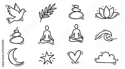 Black outline vector icons of a dove, olive branch, stone stacks, lotus flower, meditating figures, waves, crescent moon, star, heart, and cloud.